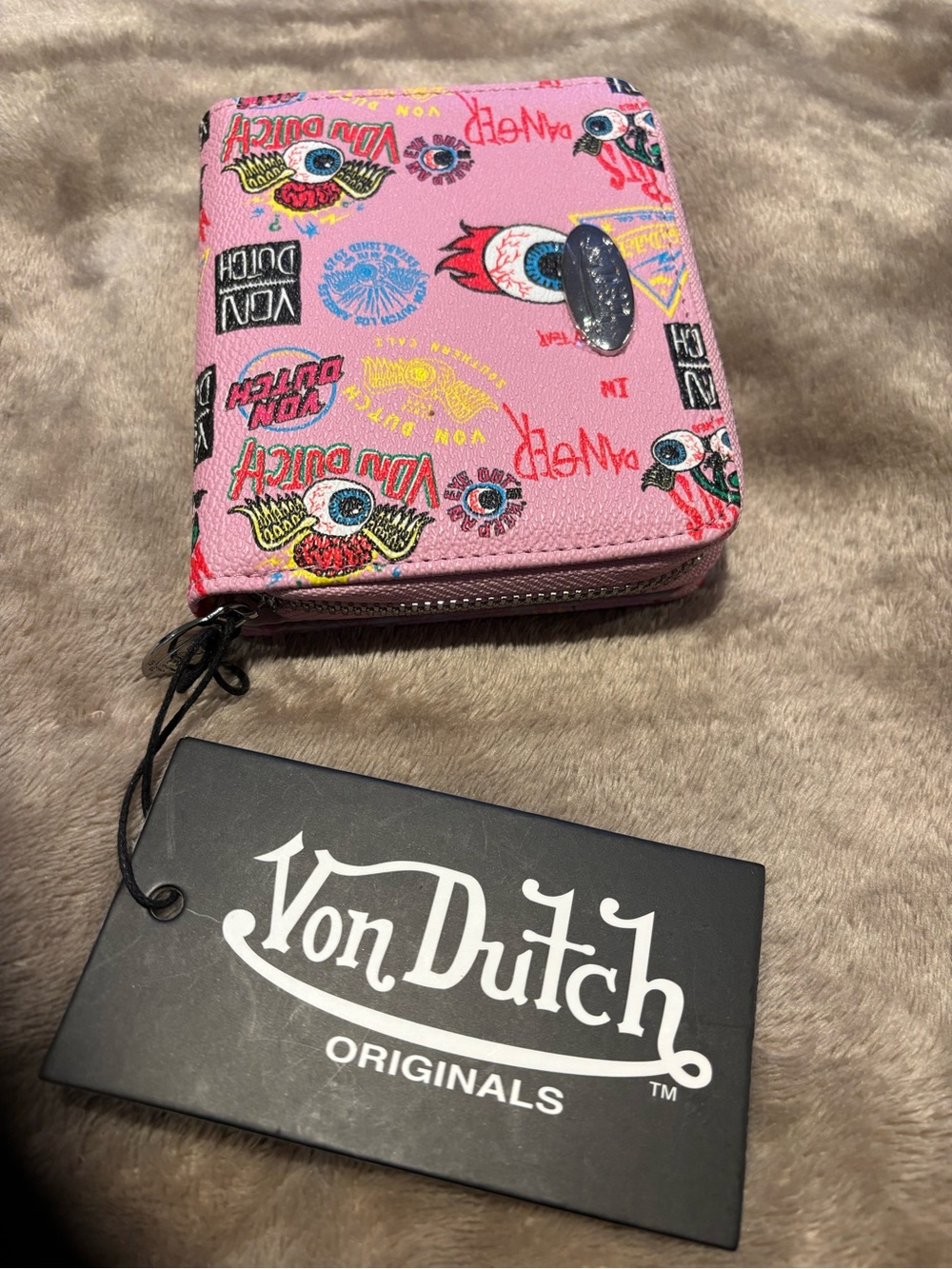 Von Dutch Pink Graphic Zip Around Wallet